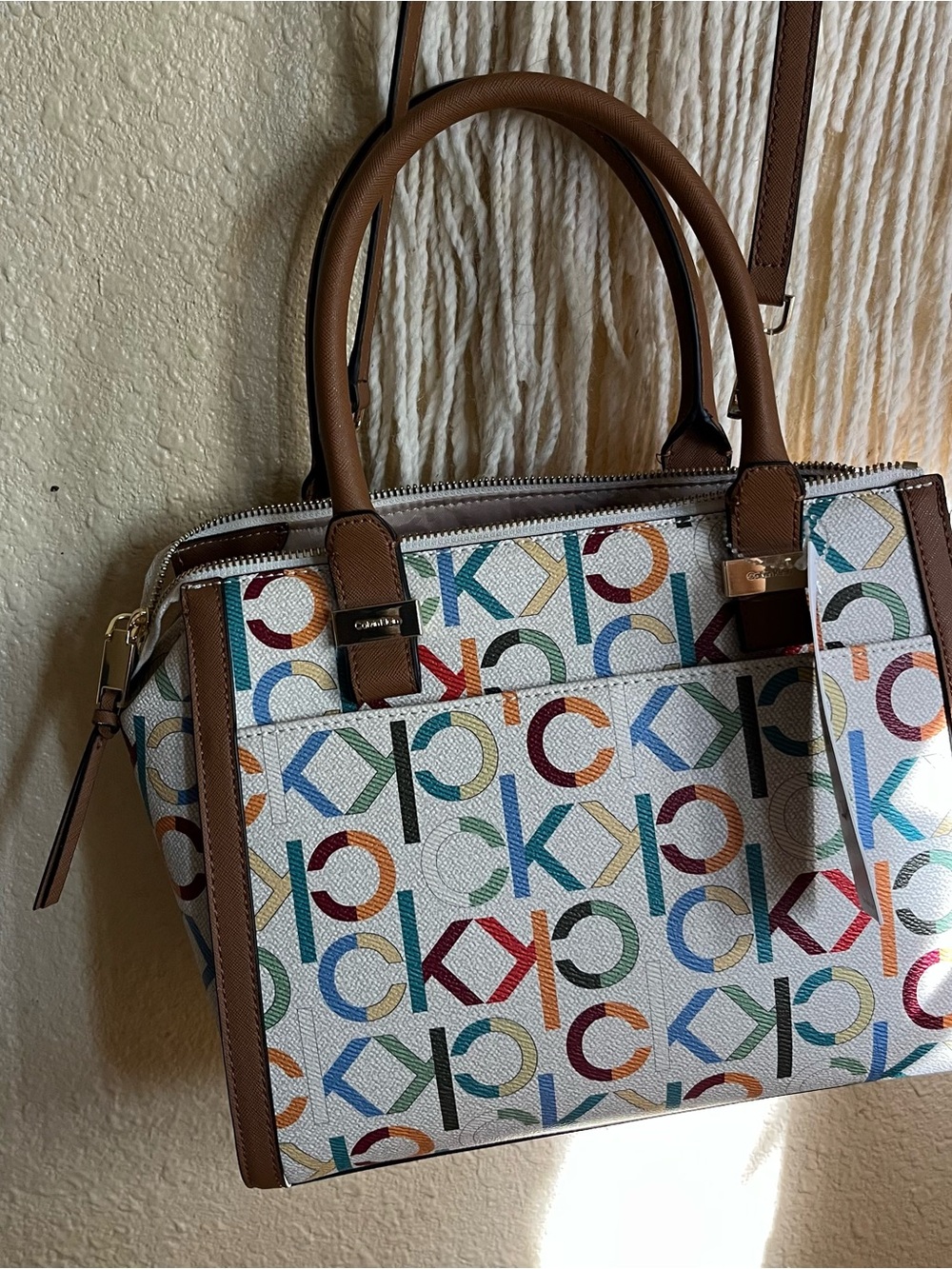 Calvin Klein Multicolor Logo Satchel with Brown Trim and Handles